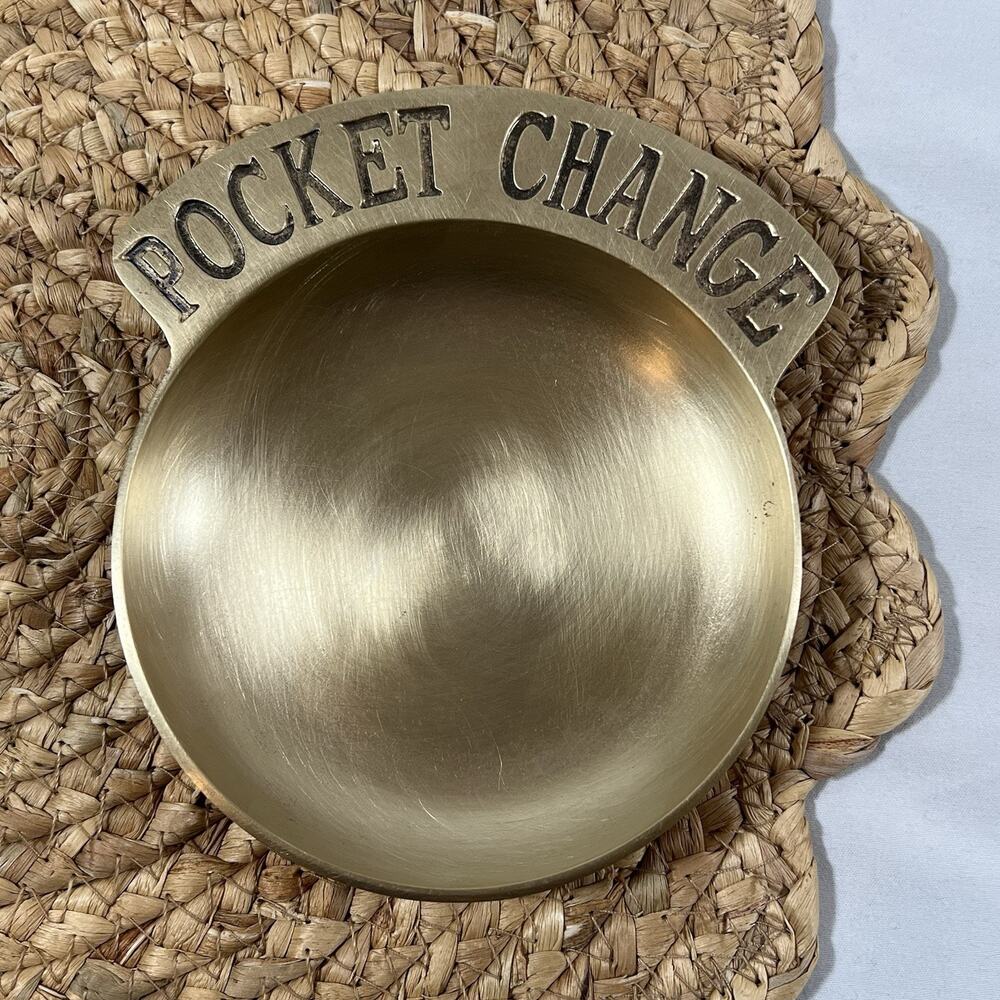 Vintage Brass "Pocket Change" Trinket Coin Key Tray 5.75” x 4.75"